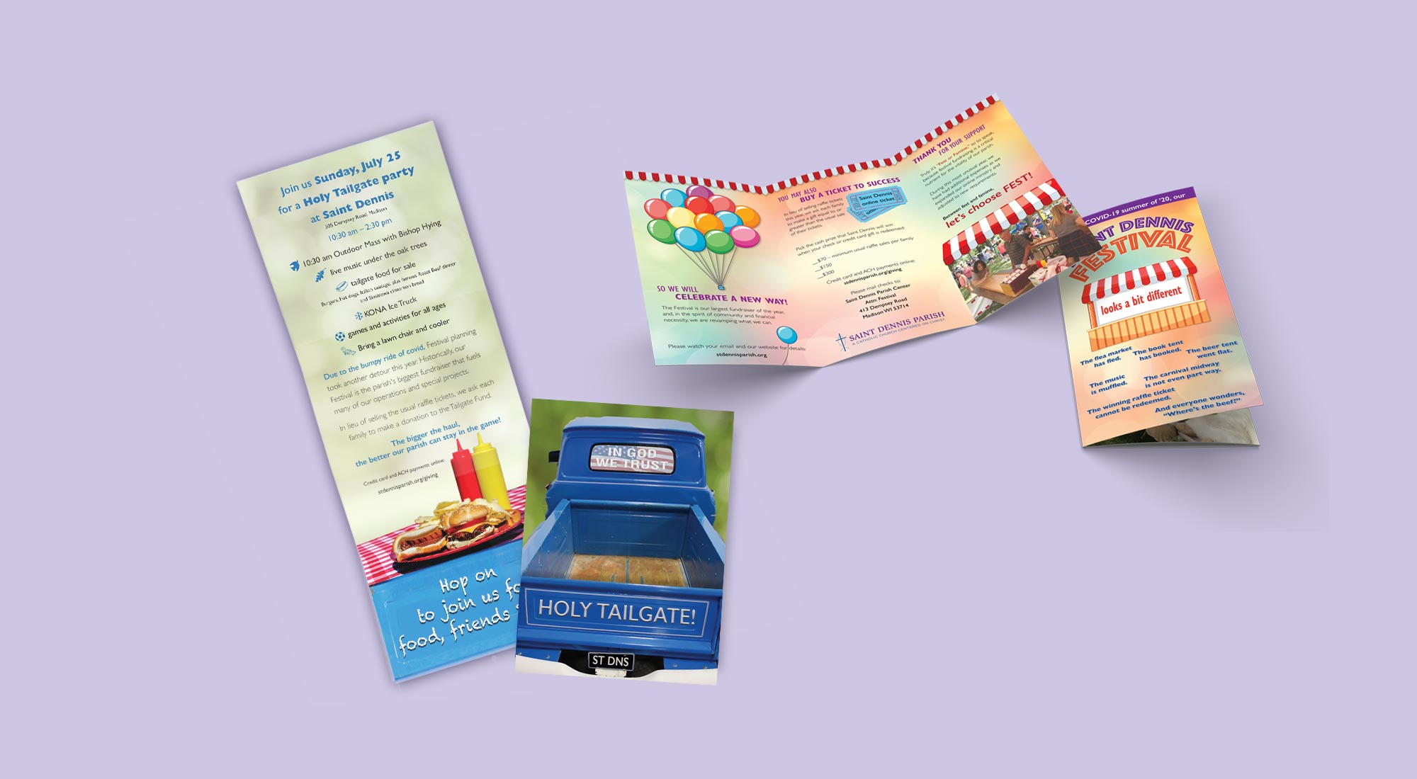 St Dennis Holy Tailgate brochure and festival brochure on a purple background