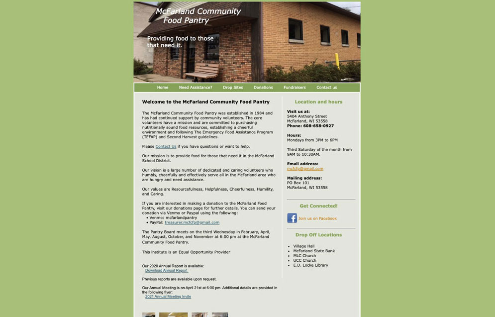 McFarland Food Pantry's old homepage layout
