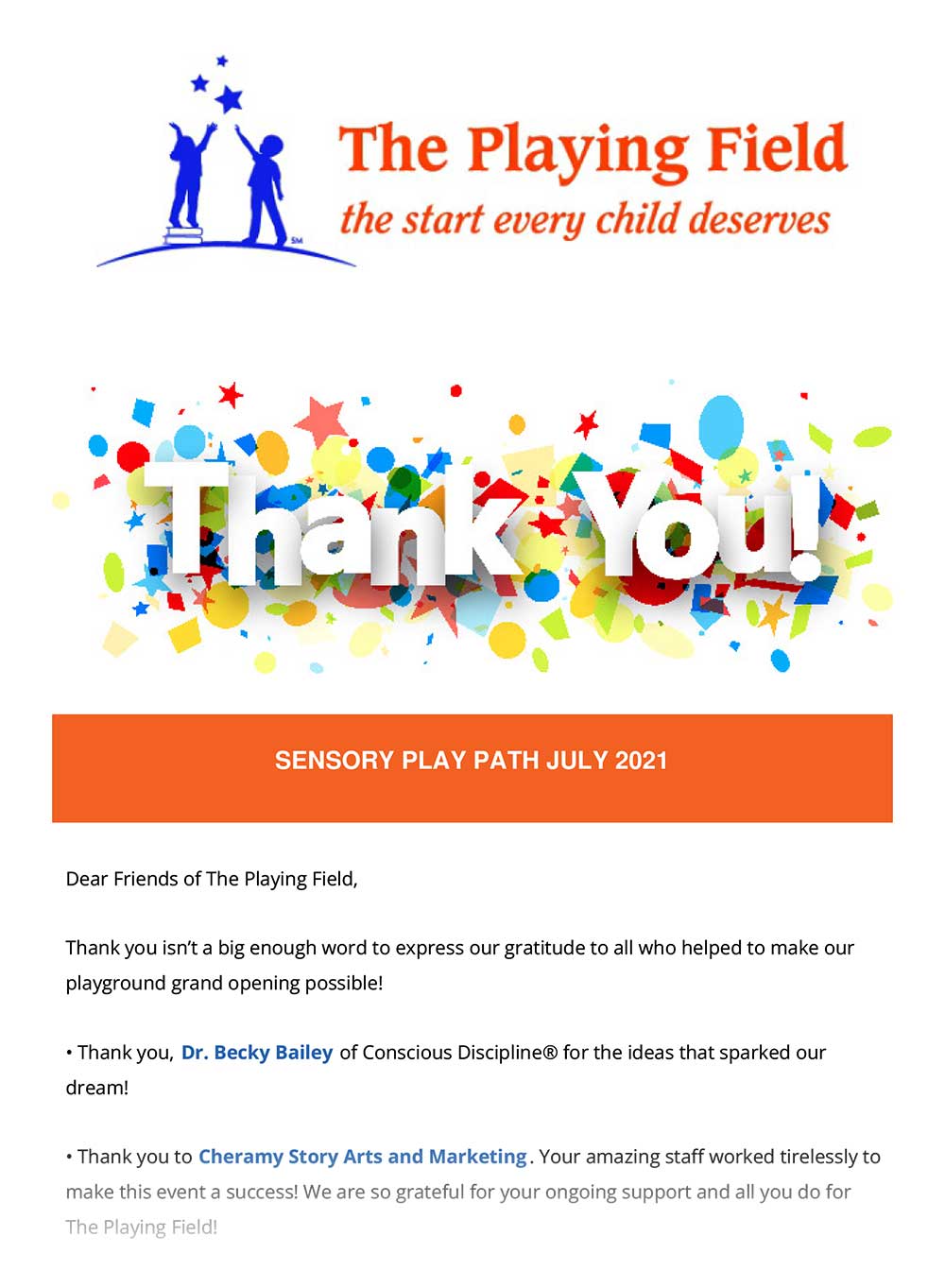 Example of a digital newsletter from The Playing Field